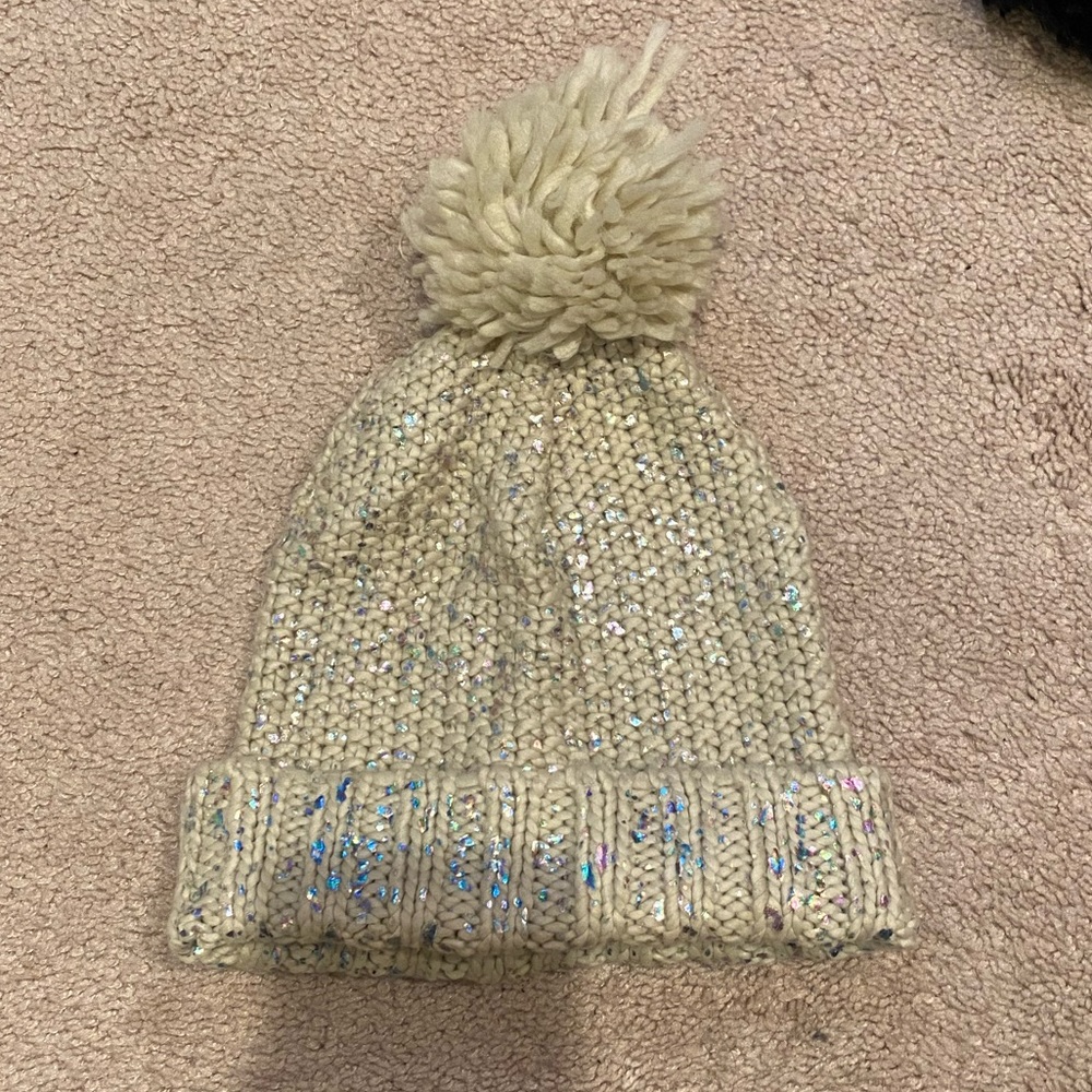 Off White Pompom Hat with Iridescent Sparkles